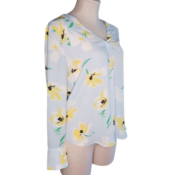 Ann Taylor Petite Small PS Floral Print Light Blue Yellow Top Blouse Floral - Picture 3 of 11